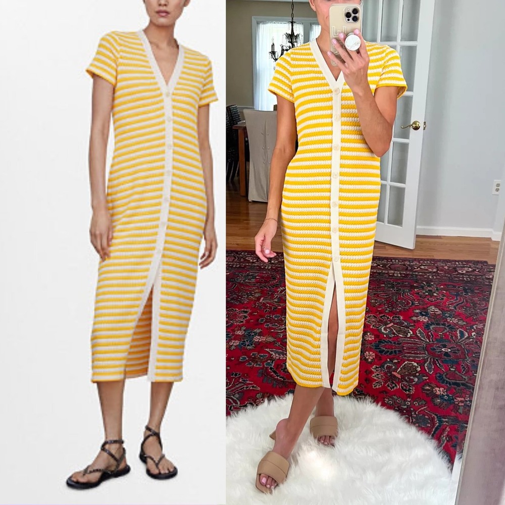Mango MNG Yellow White Striped Knit Button Front Midi Dress, XL USA 10 Nautical